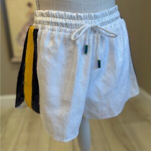 New! QUEEN OF SPARKLES White, Navy, & Yellow Stripe Full Sequin  Shorts